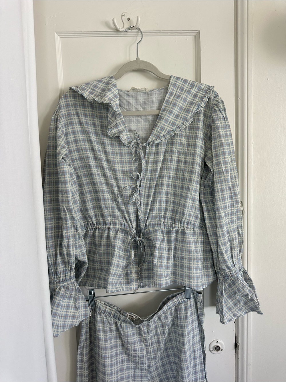 Two-Piece Plaid Lounge Set in Light Gray and White - Picture 2 of 6